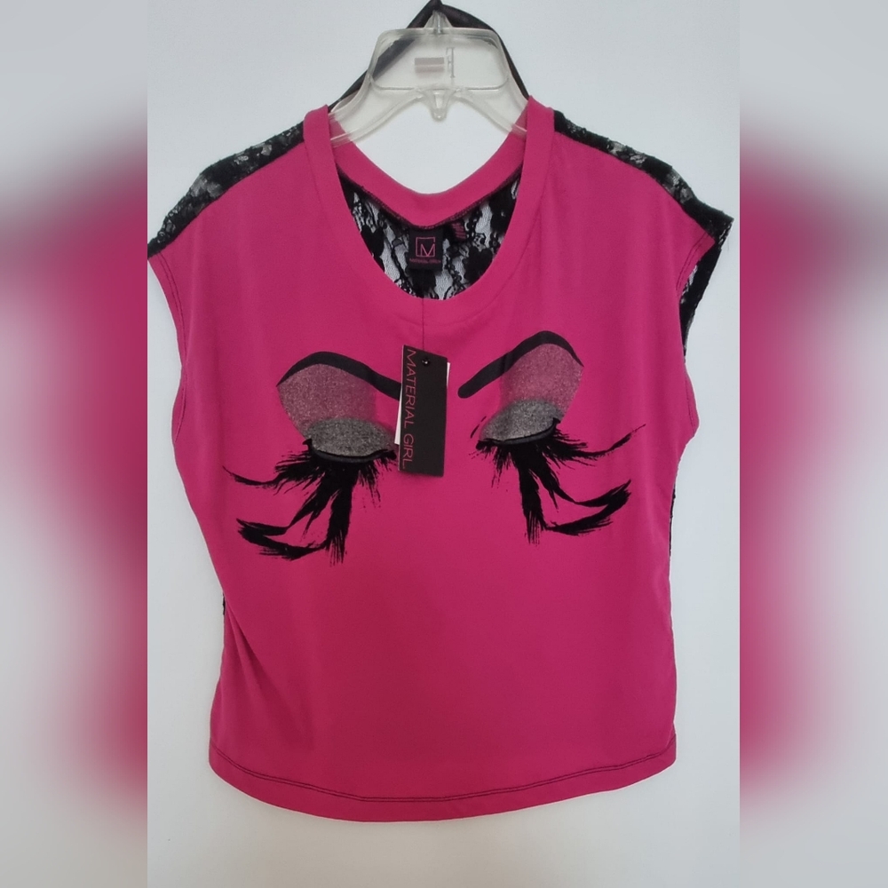 Material Girl Hot Pink Graphic Tee with Black Lace Accents